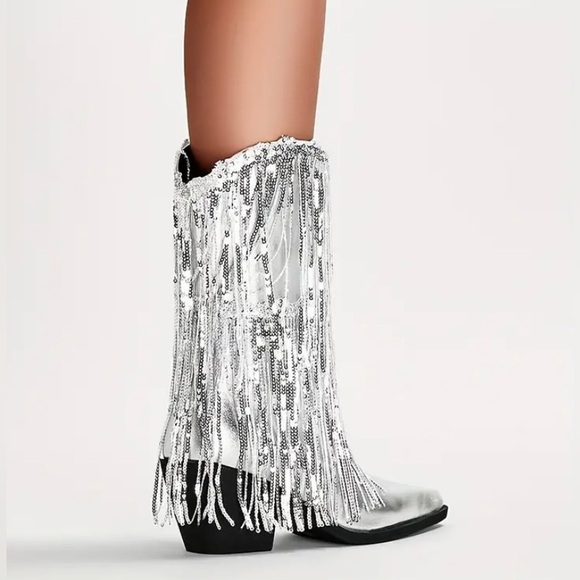 New Fringe Shiny Silver Cowboy Cowgirl Boots Metallic Pointed Toe Tassel Heel - Picture 6 of 16